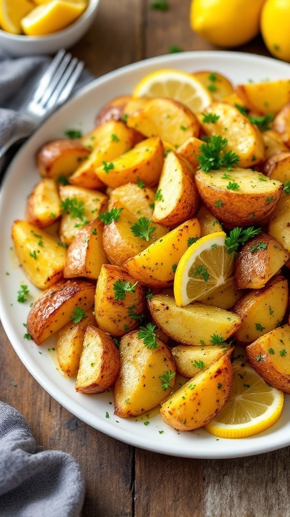 Golden roasted Greek lemon potatoes garnished with fresh parsley, served with lemon slices on a rustic wooden table.